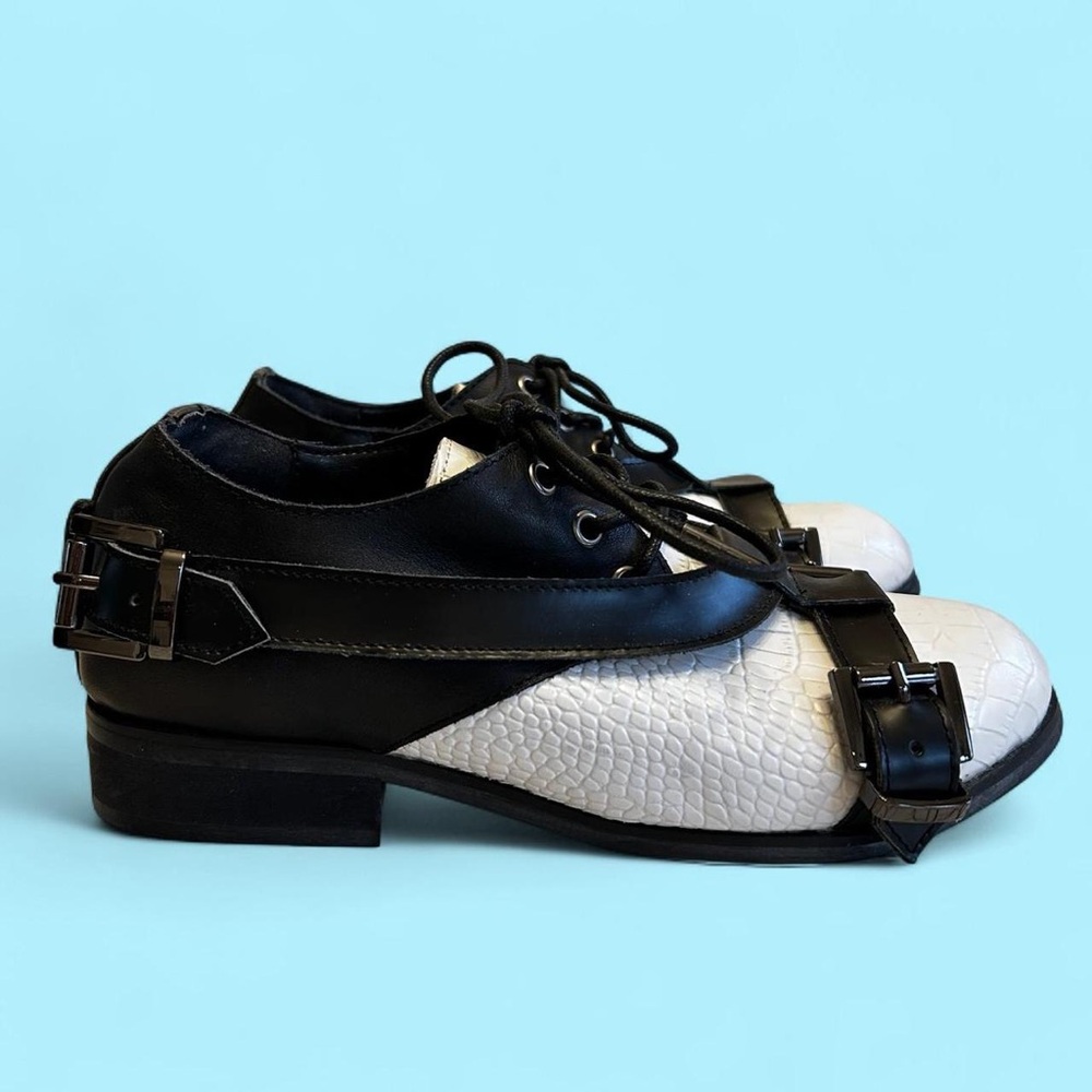Black white leather oxfords with harness straps by UK brand Depression woman’s 6